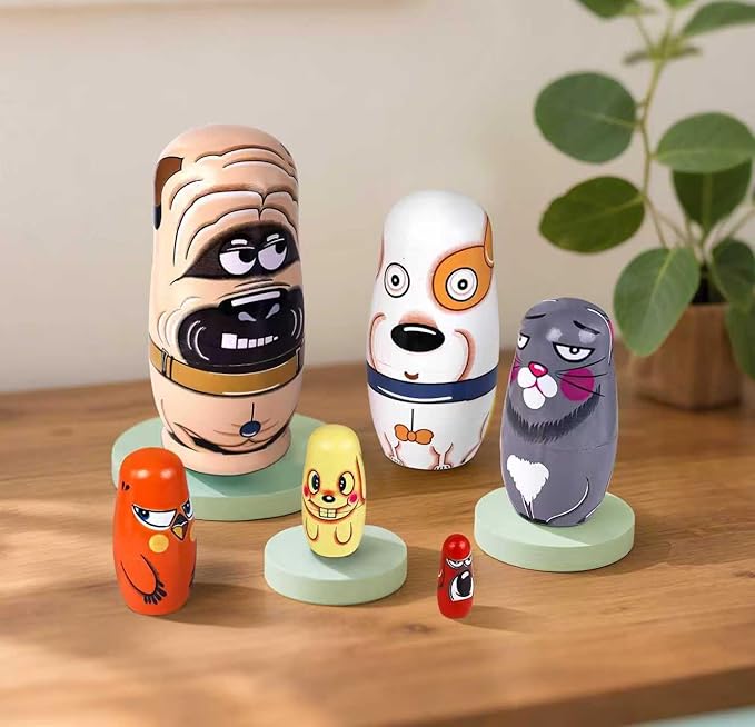 Russian Nesting Dolls, 5 Pcs 6 "Tall Animal Nesting Easter Eggs Toys, Stacking Wooden Handmade Matryoshka Dolls for Kids Toddlers Birthday or Home Decoration Gift (Cute Dog)