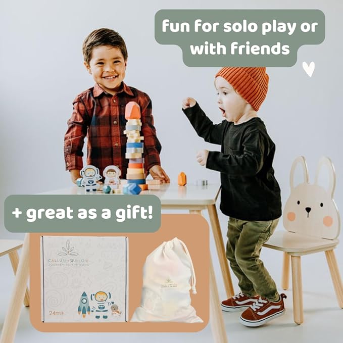 Toddler 30 Piece Stacking Wood Blocks Space Gift - Montessori 2 Year Old Fine Motor Skills Toy Learning Stacking Shape Sorter Sensory Preschool Busy Journey to the Moon (Book and Block Set, Wood)