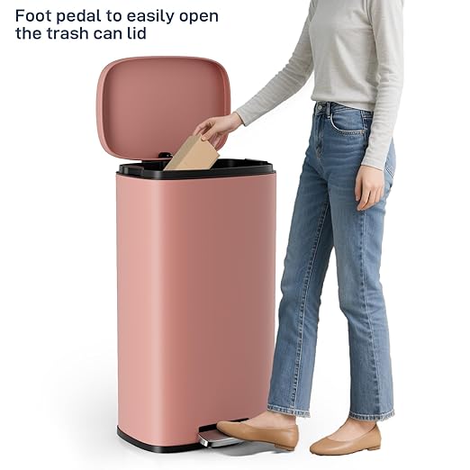 Arlopu 8/13.2 Gallon Step Trash Can, Stainless Steel Garbage Bin, Soft-Close Rubbish Bin with Removable Plastic Inner Bucket, Fingerprint-Proof, Lid Dustbin, Suit for Kitchen Home (Pink, 30L)