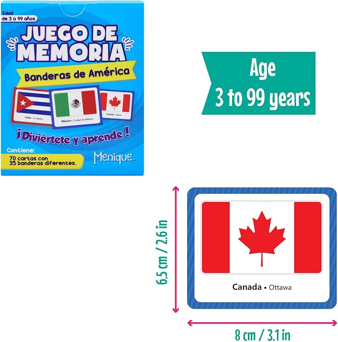 Menique Flags of The Americas Memory Matching Game – Spanish Edition – 70 Cards (35 Pairs) with Flags, Countries & Capitals – Educational Matching Game in Spanish for Kids and Adults