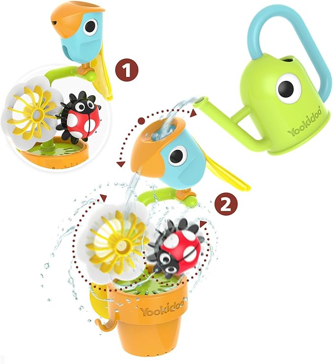 Yookidoo Watering Can Baby Bath Toy (Ages 1-3) Spinning Lady Bug & Tipping Bird Toy With 3 Moving Pieces (Mold Free) - Attaches To Tub Wall For Easy Toy Holder and Storage - For Toddler Bath Time