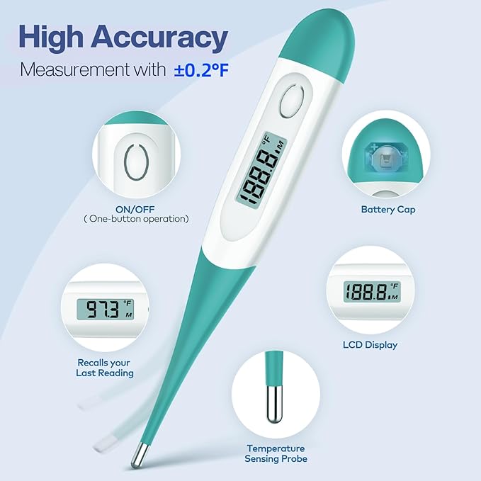 Boncare 10 Seconds Digital Thermometer for Adults and Kids - Accurate & Safe Rectal Thermometer for Baby with Fever Alarm, Oral Thermometer (Clear Blue)