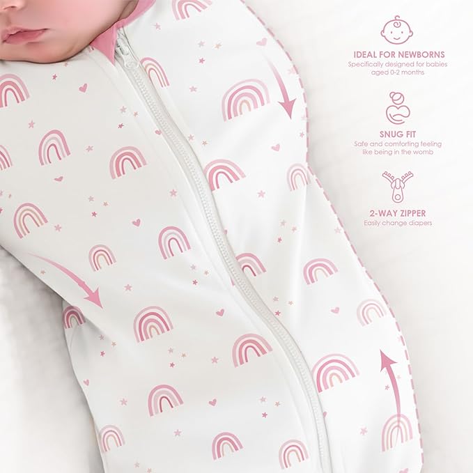 Baby Swaddle 0-2 Months, Cotton Arm-In Zipper Sleep Sack, Wearable Blankets Wrap for Newborn Infant Girls (Bow, Rainbow, Pack of 2)