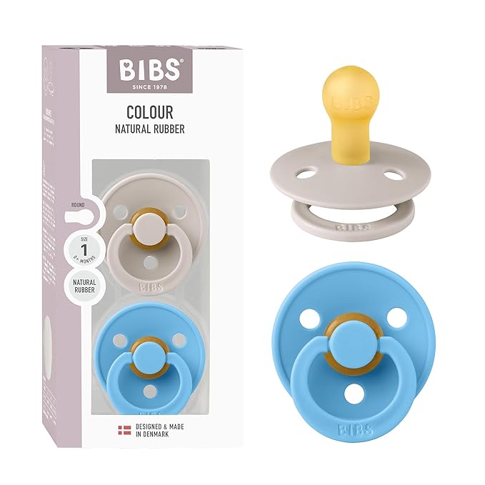 BIBS Colour Pacifier 2-Pack, BPA Free Dummy Binky, Round Nipple. Natural Rubber Latex, Made in Denmark, Size 1 (0-6 Months), Mushroom/Breeze