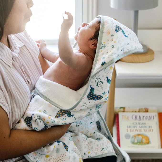 Little Unicorn Premium Infant Hooded Bath Towel| Soft & Absorbent Cotton & Terry Fabric for Newborns (Peacock)