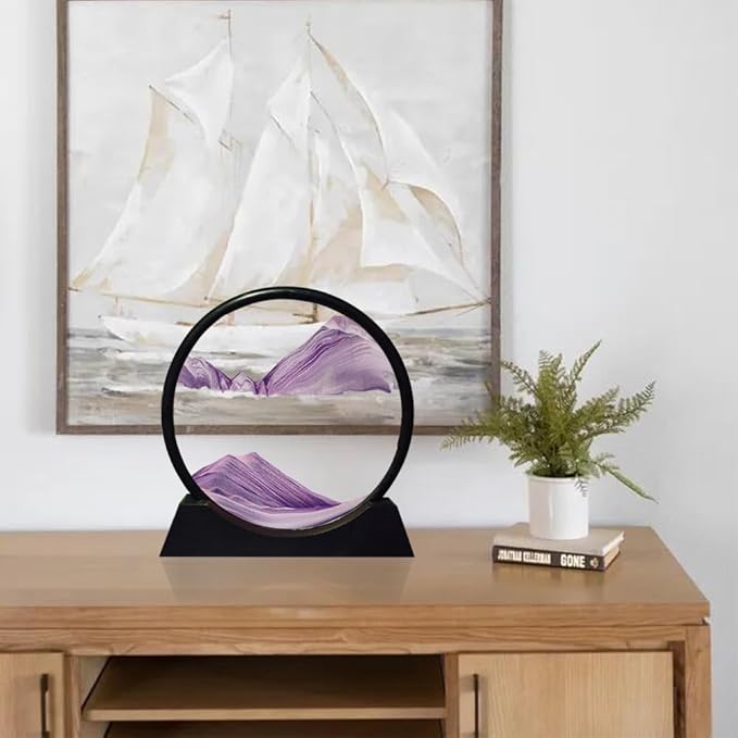 Aoderun Moving Sand Art Picture Round Glass 3D Deep Sea Sandscape in Motion Display Flowing Sand Frame Relaxing Desktop Home Office Work Decor (12", Purple)