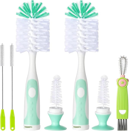 Baby Bottle Brush Set, 2Pcs Nylon Bottle Brush with Stand, 2 Hidden Nipple Brush, 2 Straw Brush, 1 Lid Brush, Bottles Brush Cleaner for Baby Bottle, BPA-Free(Green)