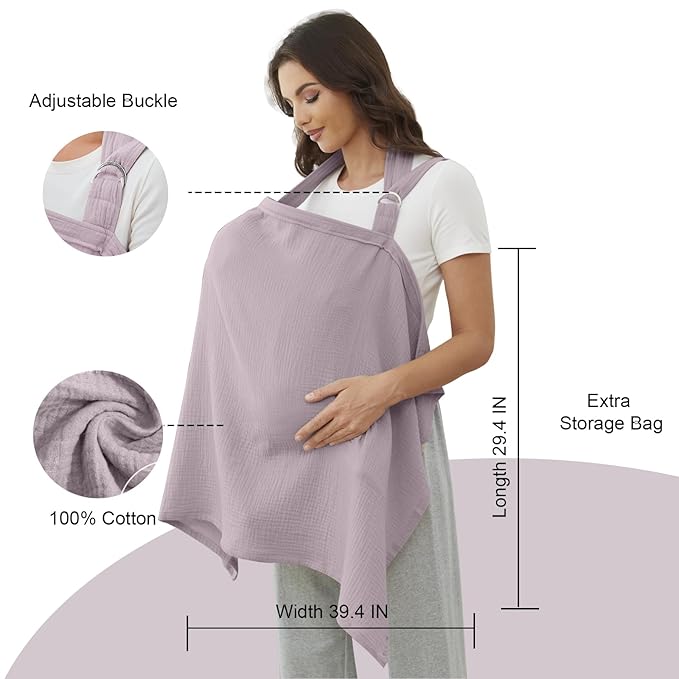 Nursing Cover for Baby Breastfeeding with Rigid Hoop, Breathable Soft 100% Muslin Cotton, Baby Breast Feeding & Pumping Apron (Light Purple)