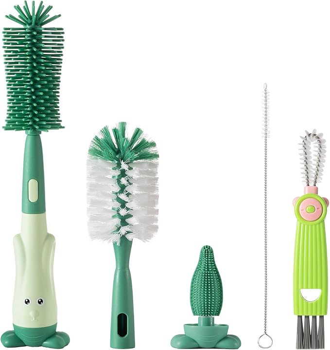5-in-1 Baby Bottle Brush Set, Bottle Brush for Baby, Baby Bottle Scrubber, Including Silicone & Nylon Bottle Brush, Bottle Cap Brush, Straw Brush, Nipple Brush, BPA-Free (Green)