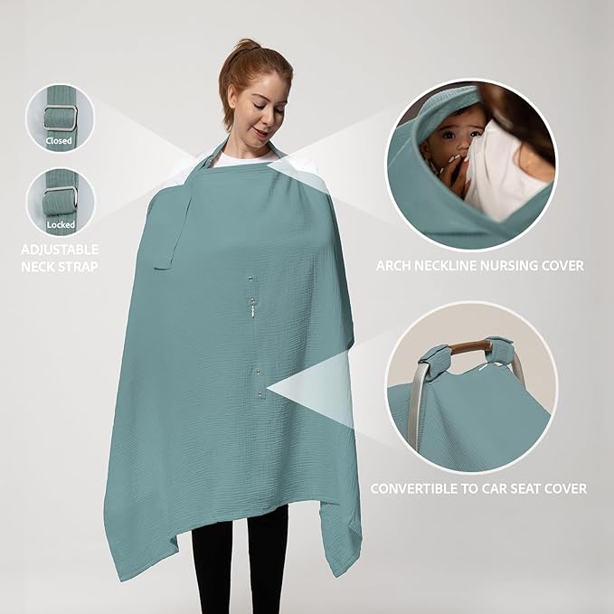 Nilsa 5-in-1 Muslin Nursing Cover up for Breastfeeding & Baby Car Seat Cover - Breathable Breastfeeding Cover With Rigid Hoop - 100% Cotton Privacy Apron Breast Feeding Covers For Women (Mint green)