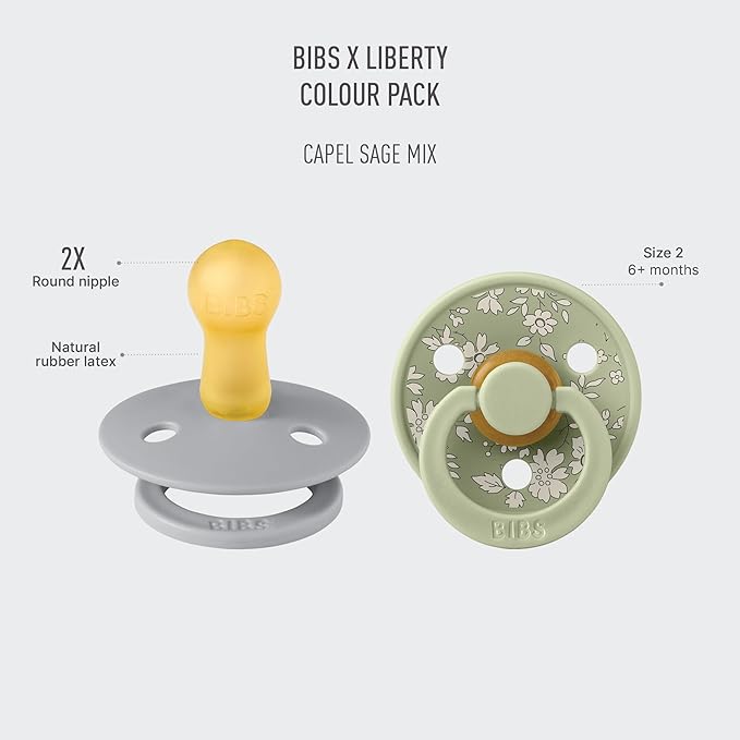 BIBS Colour Liberty Soother 2-Pack, BPA Free Dummy Pacifier, Round Nipple. Natural Rubber Latex, Made in Denmark, Size 2 (6-18 Months), Capel Sage