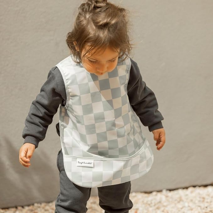 Twinkle Short Sleeve Apron Baby & Toddler Bib – Waterproof, Mess-Proof Bibs for Eating & Feeding, Machine Washable, Perfect Holiday Gift (Green Checkers, 2-4Y)