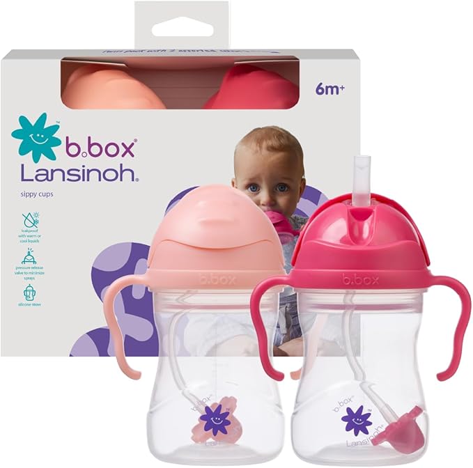 b.box + Lansinoh Weighted Straw Sippy Cup for Babies 6 Months+ (2 Pack)| Leak‑Proof, BPA‑Free, 8 oz Toddler Cup | Drink From Any Angle | Easy Grip, Dishwasher Safe | Tutti Frutti + Raspberry