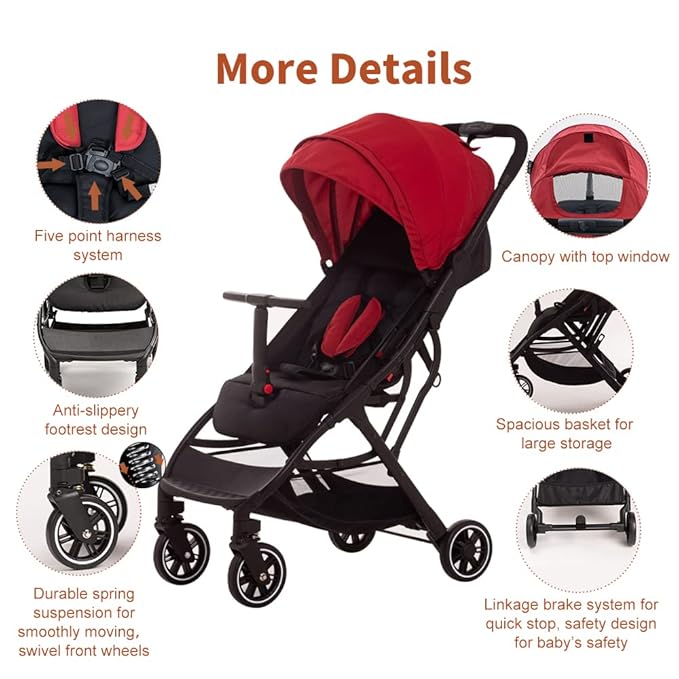 COOL KIDS Portable Stroller with Automatic Fold，Lightweight Umbrella Stroller with Pop Out Sun Canopy，Compact Stroller for Travel(red)