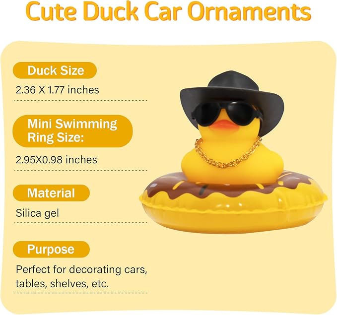 wonuu Car Rubber Duck, Yellow Duck Decoration Dashboard with Sun Hat Swim Ring Necklace Sunglasses for Car Dashboard Decorations