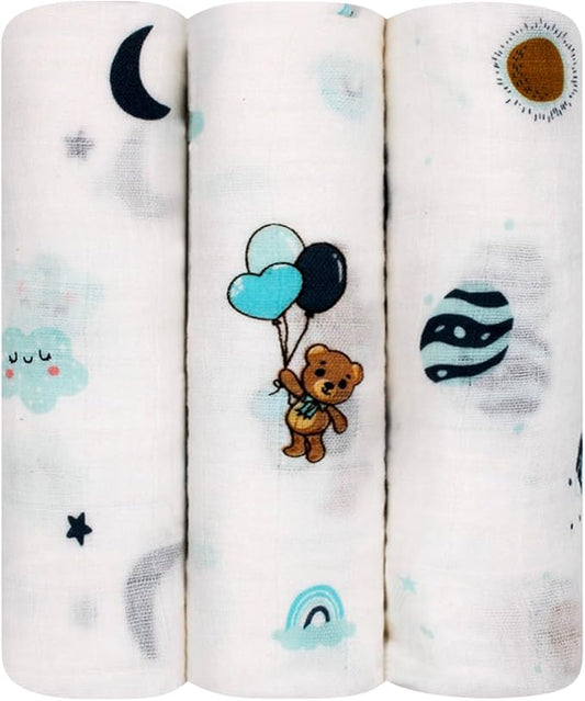 100% Muslin Cotton Baby Receiving Cloths, 3-Pack, 27x27 in (70x70cm), Soft & Gentle for Newborns, Sensitive Skin Safe, For Feeding, Burping & Comfort, 0+ Months (Spaceship/Teddy Bear/Clouds)