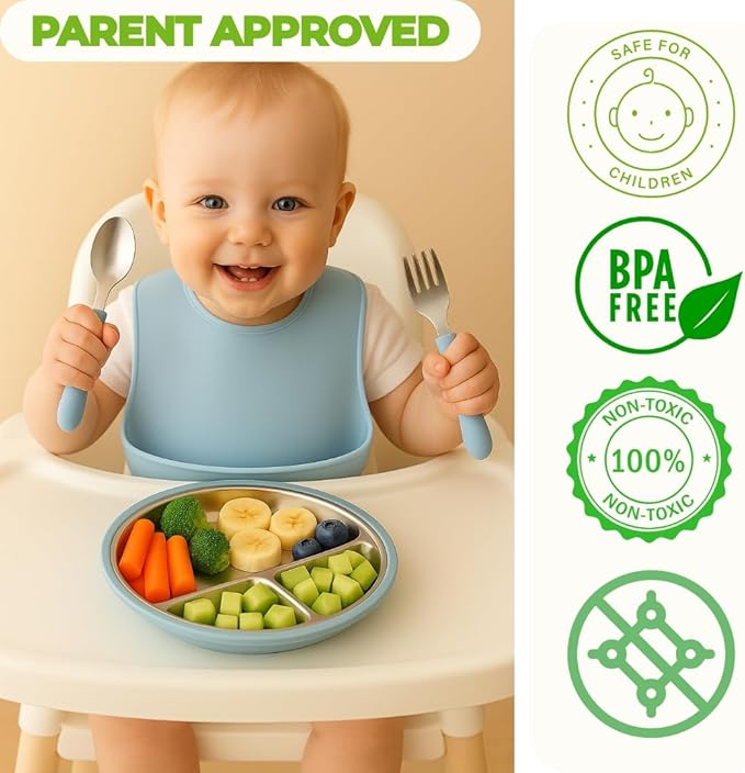 Stainless Steel Toddler Feeding Set 4 Pieces – Suction Plate, Silicone Bib, Spoon & Fork – Divided Plates for Baby Led Weaning, BPA-Free, Removable Shell (Baby Blue)
