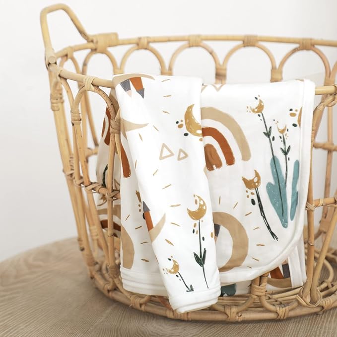 GRSSDER Baby Blankets Super Soft Jersey Knit Swaddle Blanket 2 Pack for Baby Girls and Boys, Double Layer Reversible Receiving Blankets 34 x 44 Extra Large for Swaddling, Rainbow & Beige