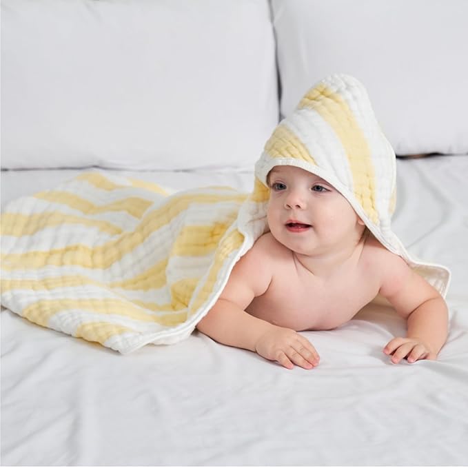 Muslin Hooded Baby Towel 4 Pack, Preuim Muslin 6 Layers Natural Cotton Baby Bath Towels, Soft and Comfortable for Boys,Girls (32 x 32, Yellow Striped and White)