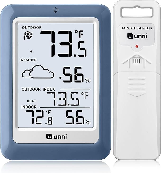 Indoor Outdoor Thermometer Hygrometer Wireless Weather Station, Temperature Humidity Monitor Battery Powered Inside Outside Thermometers with 330ft Range Remote Sensor(Blue)