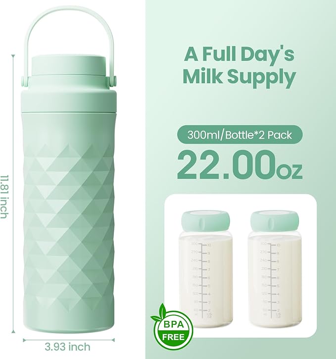 Mosthink 22oz Breast Milk Cooler Bottle, 360°Cooling Keeps Milk 24 Hours Fresh Portable Breastmilk Chiller with 2pcs Baby Storage Bottle for Travel & Outdoor Use, Breastfeeding Essentials