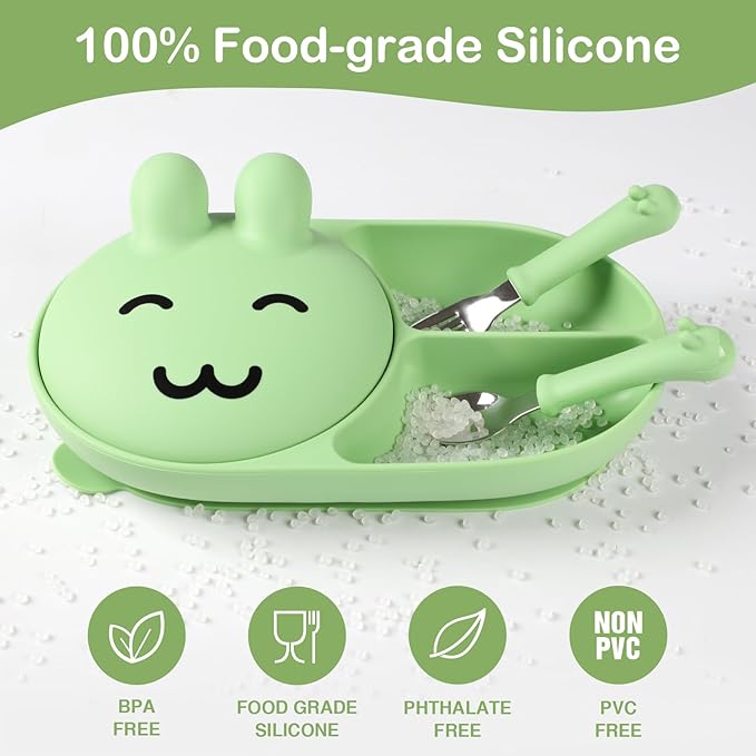 Silicone Baby Plate,Self-feeding of infants after weaning, 100% Food Grade Silicone, BPA Free, 3 Compartments Separated Including Fork and Spoon, Non-Slip With Suction Cups, Toddler plates (green)