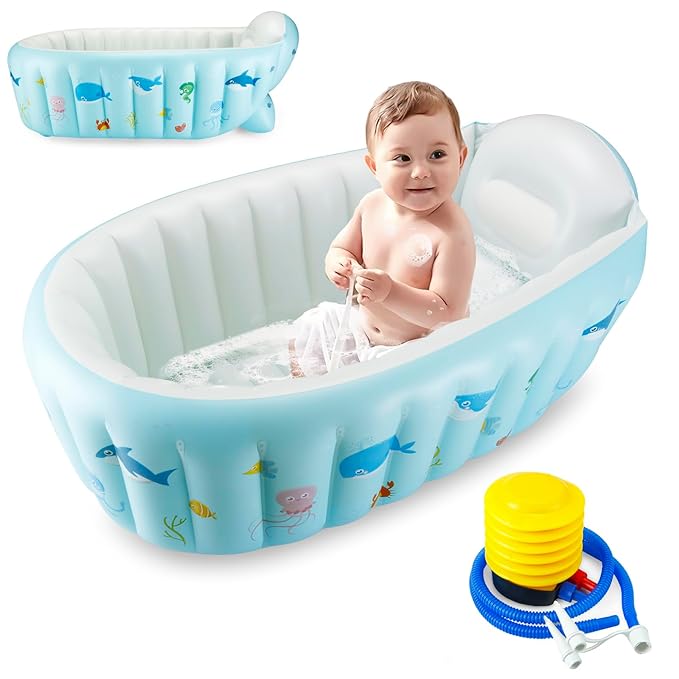 PandaEar Baby Inflatable Bathtub, Portable Travel Baby Infant Bath Tub Toddler Bathtub with Air Pump, Foldable Non-Slip Shower Basin Mini Air Swimming Pool for Newborn (Whale Blue)