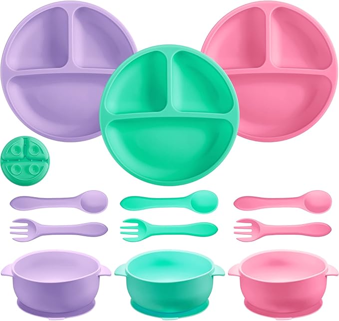 Chengu 12 Pcs Silicone Bowl with Suction Set for Baby Toddler with Suction Plate, Spoon and Fork, Divided Design Baby Feeding Utensils Weaning Kit, Dishwasher and Microwave Safe