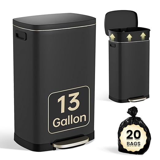 ELPHECO Kitchen Trash Can with Lid Soft Close, 13 Gallon / 50L Stainless Steel Pedal Garbage Can, Heavy-Duty Fingerprint Proof Step Wastebasket with 20 Bags, Removable Bucket, Home Office, Matte Black