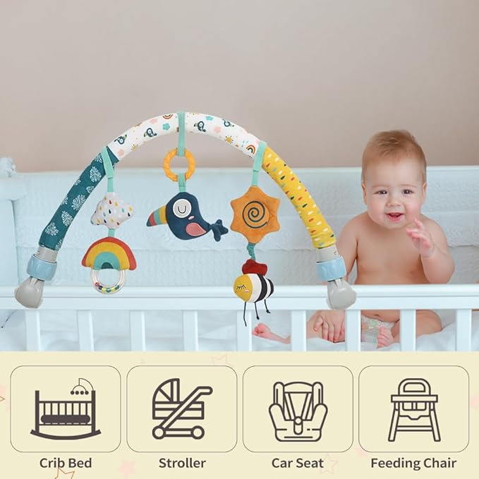 Caterbee Baby Bouncer Bar, Stroller and Crib Accessory, Pram Activity Arch, Bassinet Travel Toys for Toddlers (Sky)