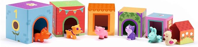 DJECO - Topanifarm Blocks - Build a Farm, Wooden Blocks & Animal Toys - Sorting & Stacking - Enhances Fine Motor Skills - Durable Playtime - Cute Design - Preschool Kids 18+ Months