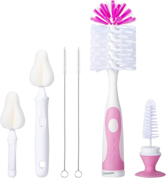 Baby Bottle Brush Set with Nipple Cleaner and Suction, 10.2" Cleaning Brush and 6.5" Sponge Bottle Brush with A Replacement Brush Head and Two 6.7" Straw Brushes, Pack of 5 (Pink)
