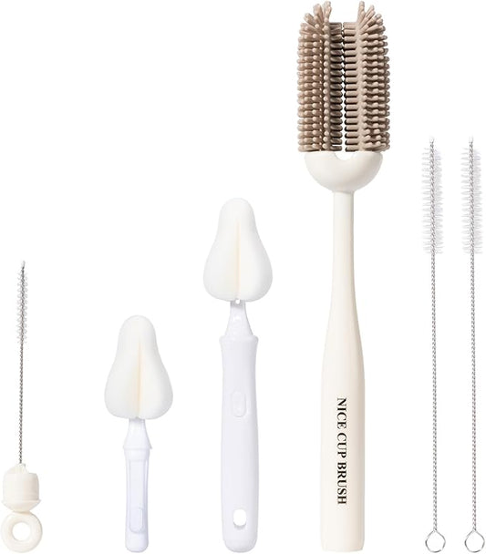 5-in-1 Baby Bottle Brush Kit, Silicone Bottle Brush for Baby Bottle and Breast Pumps, Sponge Nipple Brush with Replaceable Brush Head, Straw Brushes, Grey