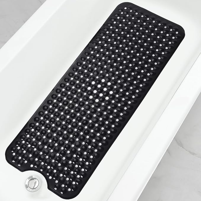 Linoows Bathtub and Shower Mats, 40x16 Inch Extra Large Non Slip Soft Bath Tub Mat with Suction Cups and Drain Holes for Bathroom Floor and Keep Tubs Clean, Machine Washable, Black