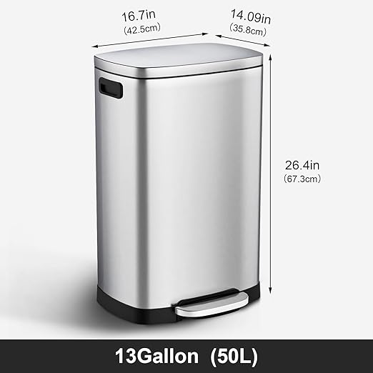ELPHECO Kitchen Trash Can with Lid Soft Close, 13 Gallon / 50L Stainless Steel Pedal Garbage Can, Heavy-Duty Fingerprint Proof Step Wastebasket with 20 Bags, Removable Bucket, Home Office, Silver