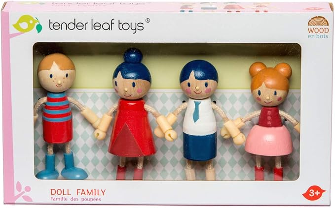 Tender Leaf Toys - Doll Family - Cute Wooden Flexible Doll Family for Kid's Dollhouse, Four Pcs of Multicultural Mom, Dad, Boy and Girl - Age 3+