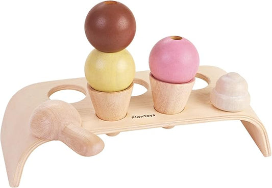 PlanToys® Wooden Ice Cream Playset for Kids | Includes Stand, Scoops & Cones | Pretend Dessert Play Food for Toddlers | Eco-Friendly Role Play Set for Imaginative & Fine Motor Skills Development