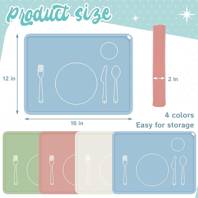 Zhehao 4 Pcs Montessori Kids Placemat 16 x 12'' Non Slip Baby Silicone Placemats for Toddlers Baby Eating Mat Food Mats for Toddler Dining Table Setting Learning Travel Kitchen(Neutral Colors)