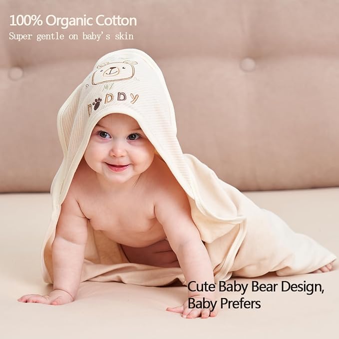 6-Pack Organic Cotton Baby Hooded Towel & Washcloths Set - Ultra Soft, Reusable, Baby Bath Towel for Newborns, Infants & Toddlers, Unisex Gifts, Brown 37.5 x 37.5 Inches