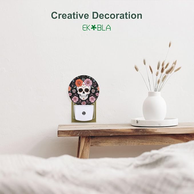 EKOBLA Floral Skull Night Lights Plug into Wall Skeleton with Flowers LED Dusk to Dawn Plug-in Nightlights Auto Sensor for Men Women Boys Girls Home Indoor Bathroom Hallway Kitchen