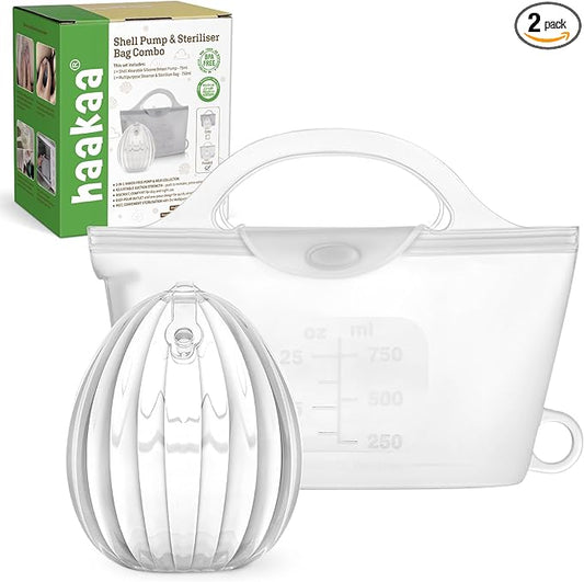 haakaa Wearable Silicone Breast Pump with Steriliser Bag, 2-in-1 Hands-Free Passive Breast Milk Catcher for Nursing Mom, Breastfeeding Essentials, 75ml Shell Pump & 750ml Steriliser Bag - Frosted