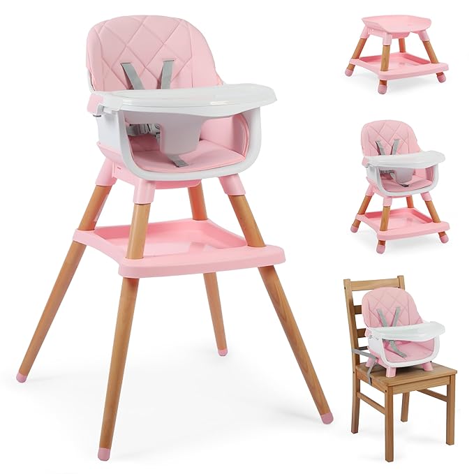 8 in 1 Wooden High Chairs for Babies Toddlers, Convertible to Booster Seat, Baby Feeding Highchair w/ 5-Point Safety Harness, Removable Tray & Cushion, Pink