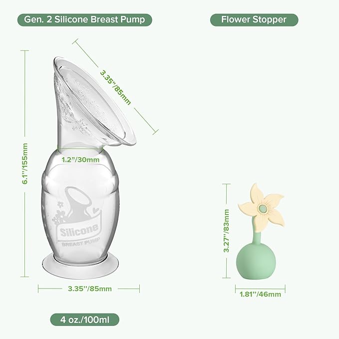haakaa Manual Breast Pump with Flower Stopper Set, Gen.2 Silicone Hand Pump with Suction Base, BPA Free (4oz/100ml, Oat)
