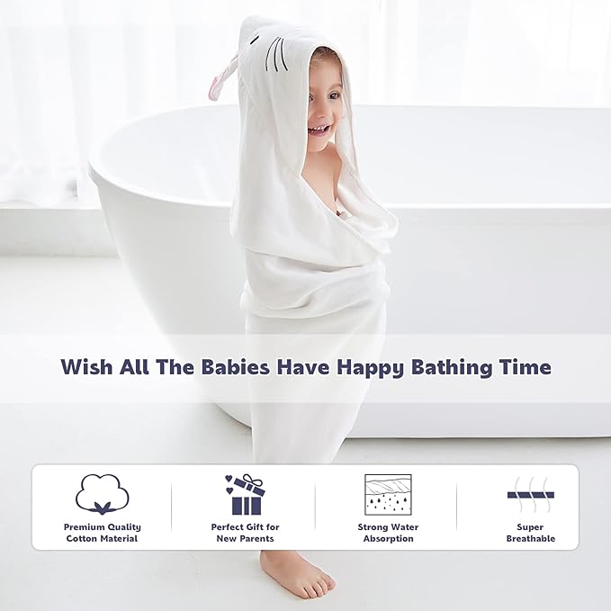 MICHLEY Animal Face Hooded Baby Towel Cotton Bathrobe for Boys Girls 0-6 Year White