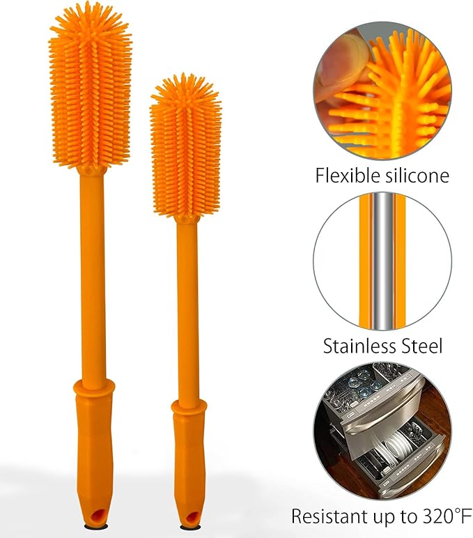 Long Silicone Bottle Cleaning Brush | 2 Pack| 16”+13”Water Bottle Brush Cleaner Brush for Hydro Flask,Glassware,Vacuum Sports Bottle&Vases,Silicone Water Bottle Cleaner Brush for Narrow Neck