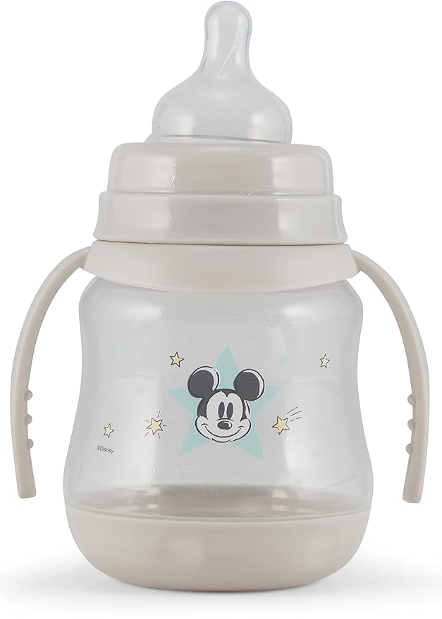 Disney 2 Pack 7 Ounce Baby Bottles with Character Prints and Colored Covers with Double Handle - BPA Free and Easy to Clean