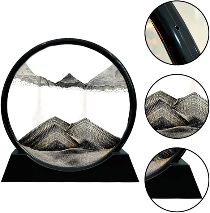 Aoderun Moving Sand Art Picture Round Glass 3D Deep Sea Sandscape in Motion Display Flowing Sand Frame Relaxing Desktop Home Office Work Decor (12", Black)