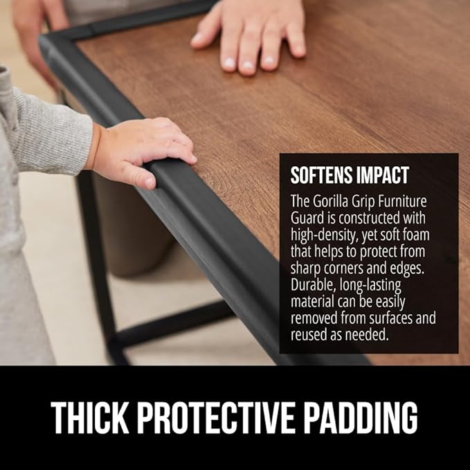 GORILLA GRIP Baby Proof Corners and Edges for Furniture, Kid Proofing Adhesive Table Corner Protectors, Heavy Duty Soft Rubber Foam Protection, Includes 8 Protective Safety Guards, 10 Feet, Black