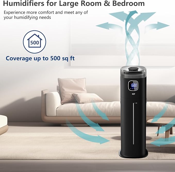 KZF Large Humidifier for Bedroom, 9L/2.5Gallon Ultrasonic Cool Mist Humidifier with Humidistat, 360°Nozzle, 350ML/H Big Mist Level, Suitable for Kids Room Livingroom Yoga Office Plant