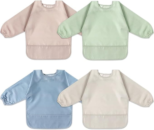 4 Pack Long Sleeve Bib, Waterproof Sleeved Smock for Baby Boy or Girl, Reusable Bib with Pocket, Ages 6-24 Months